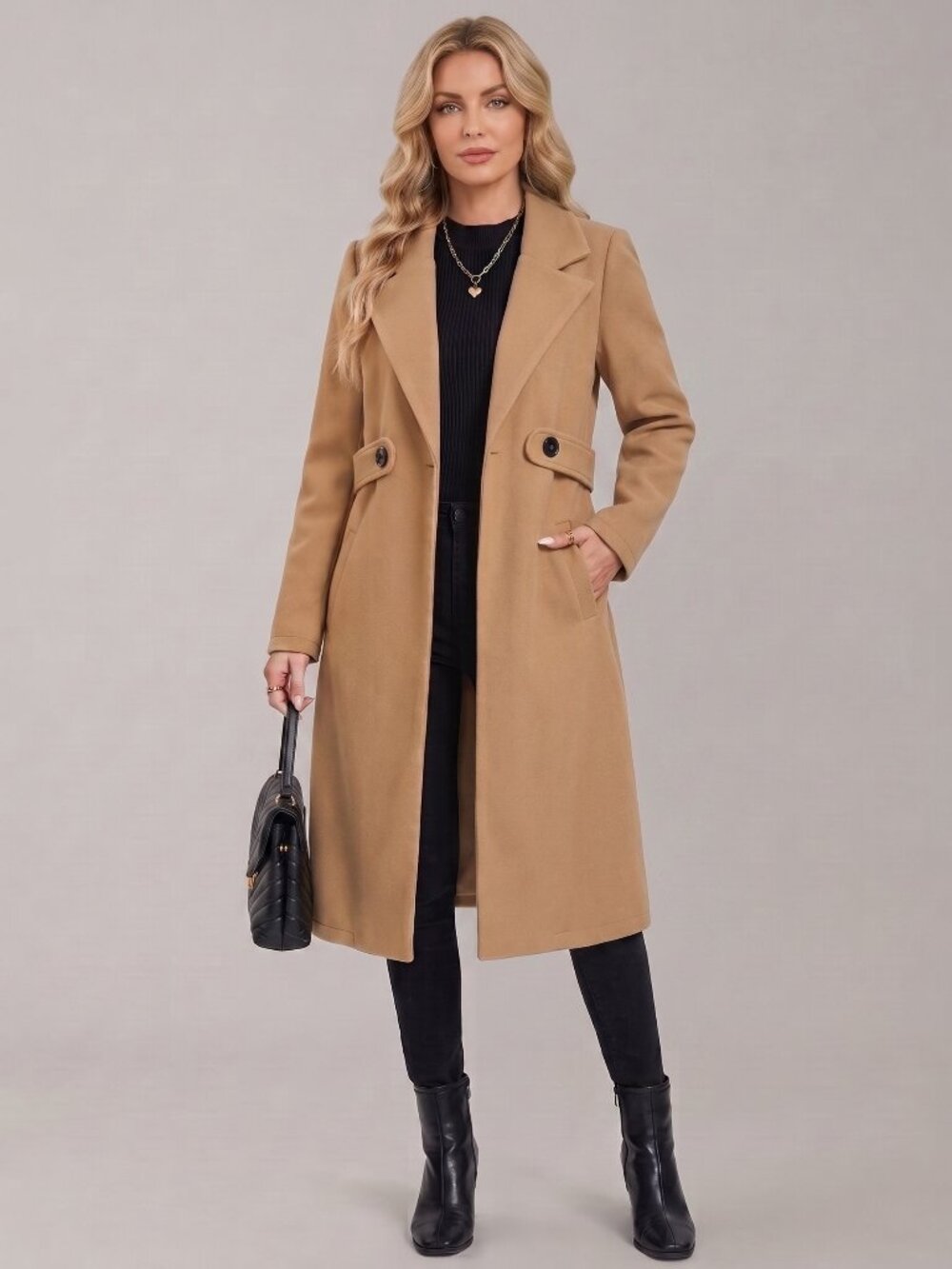 Women's Camel Belted Coat Notched Collar Long Fall Winter Wrap Jacket